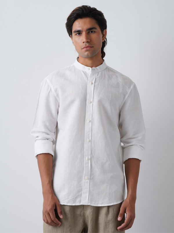 Linen Rich White Mandarin Collar Shirt