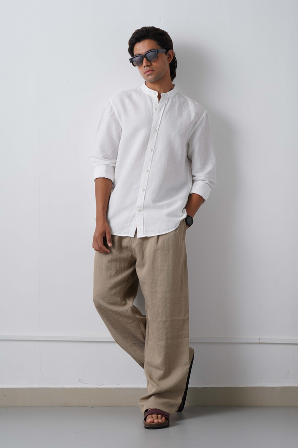 Linen Rich White Mandarin Collar Shirt