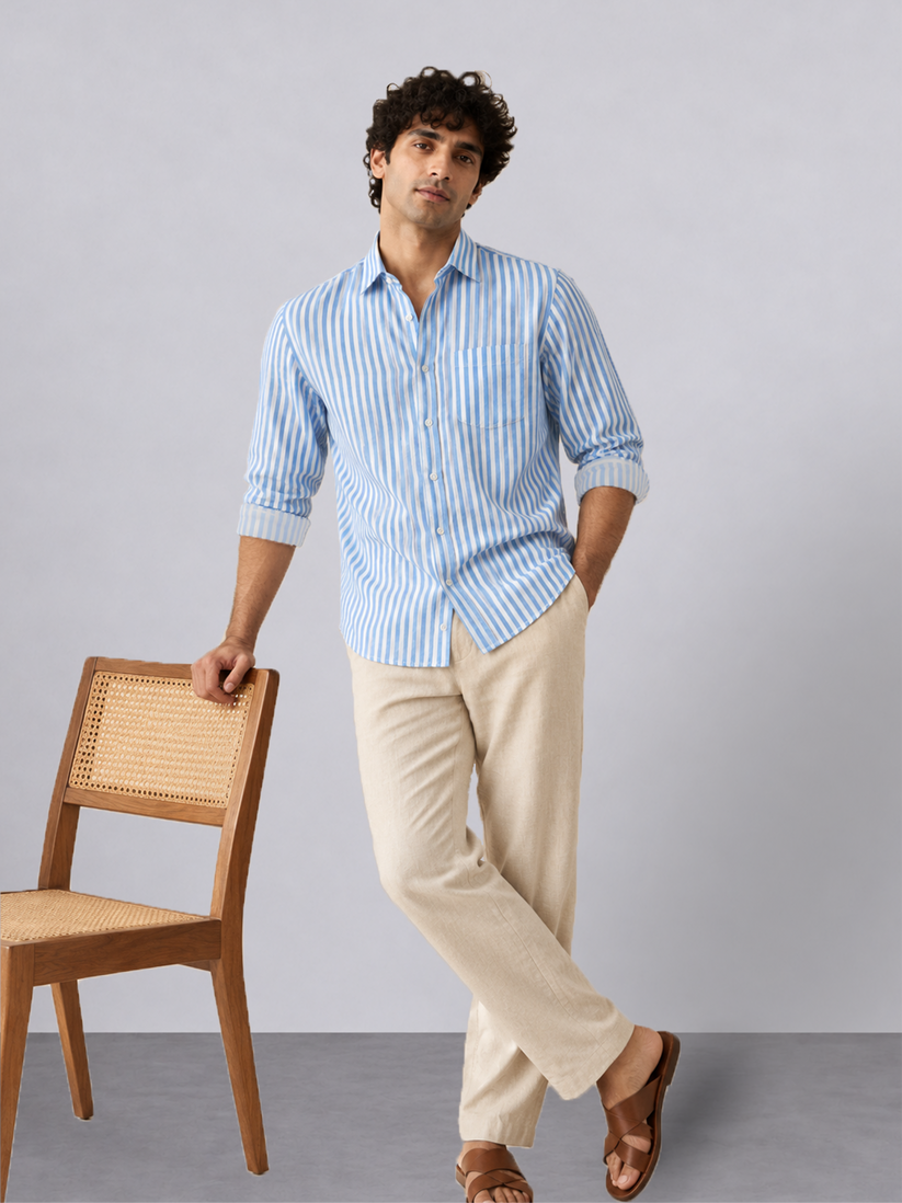 Linen Rich Striped Blue Shirt