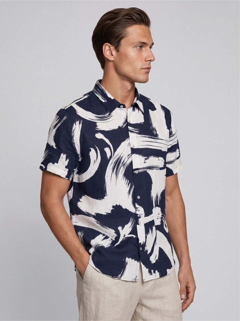 Linen Rich Navy Brushstroke Shirt
