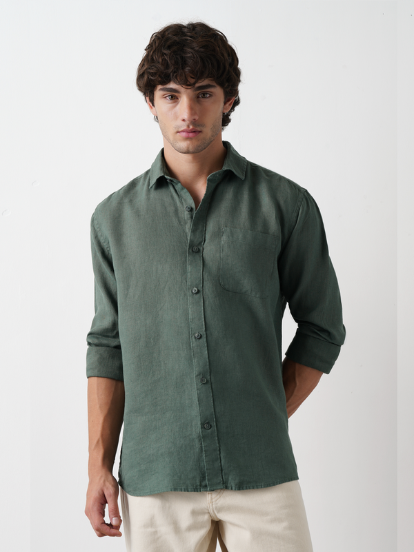 Dark Green Pure European Linen Shirt
