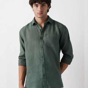 Dark Green Pure European Linen Shirt