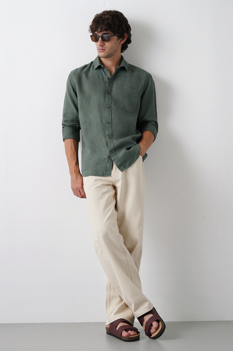 Dark Green Pure European Linen Shirt