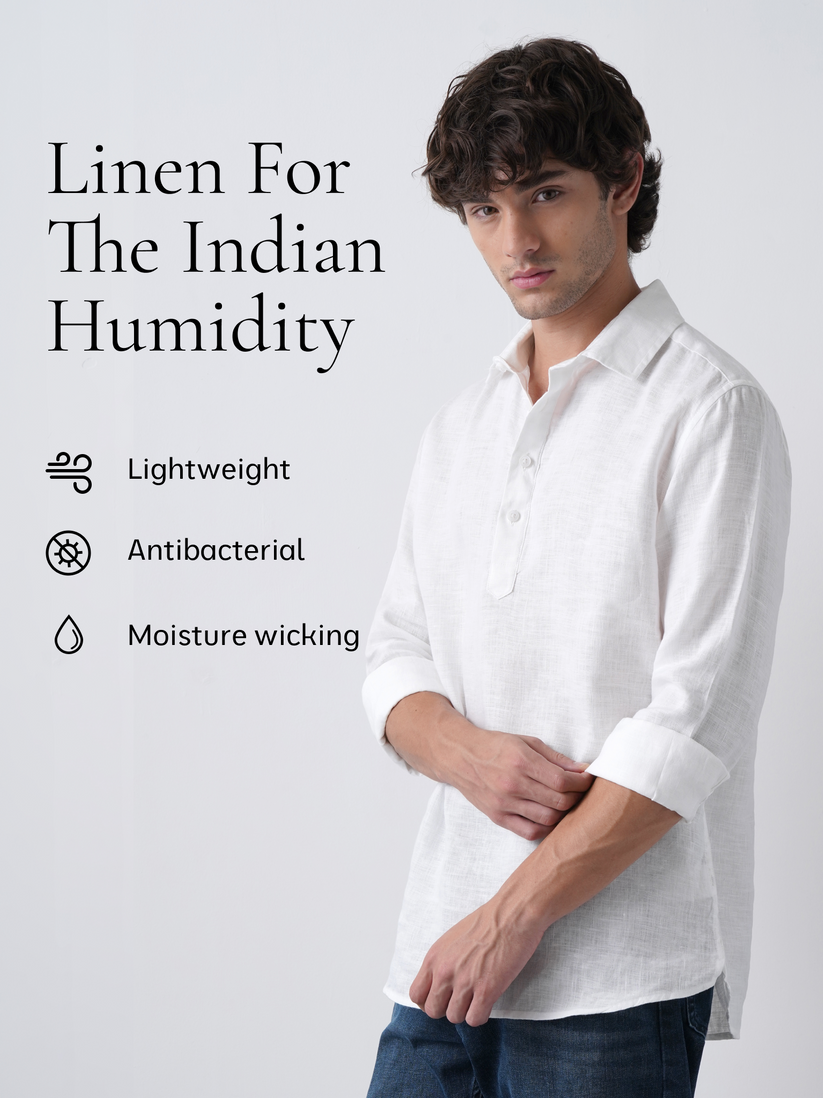 White Pure Linen Popover Shirt