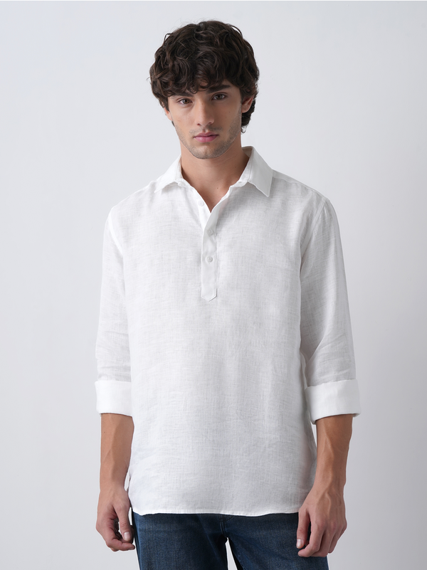 White Pure Linen Popover Shirt