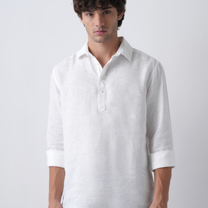White Pure Linen Popover Shirt