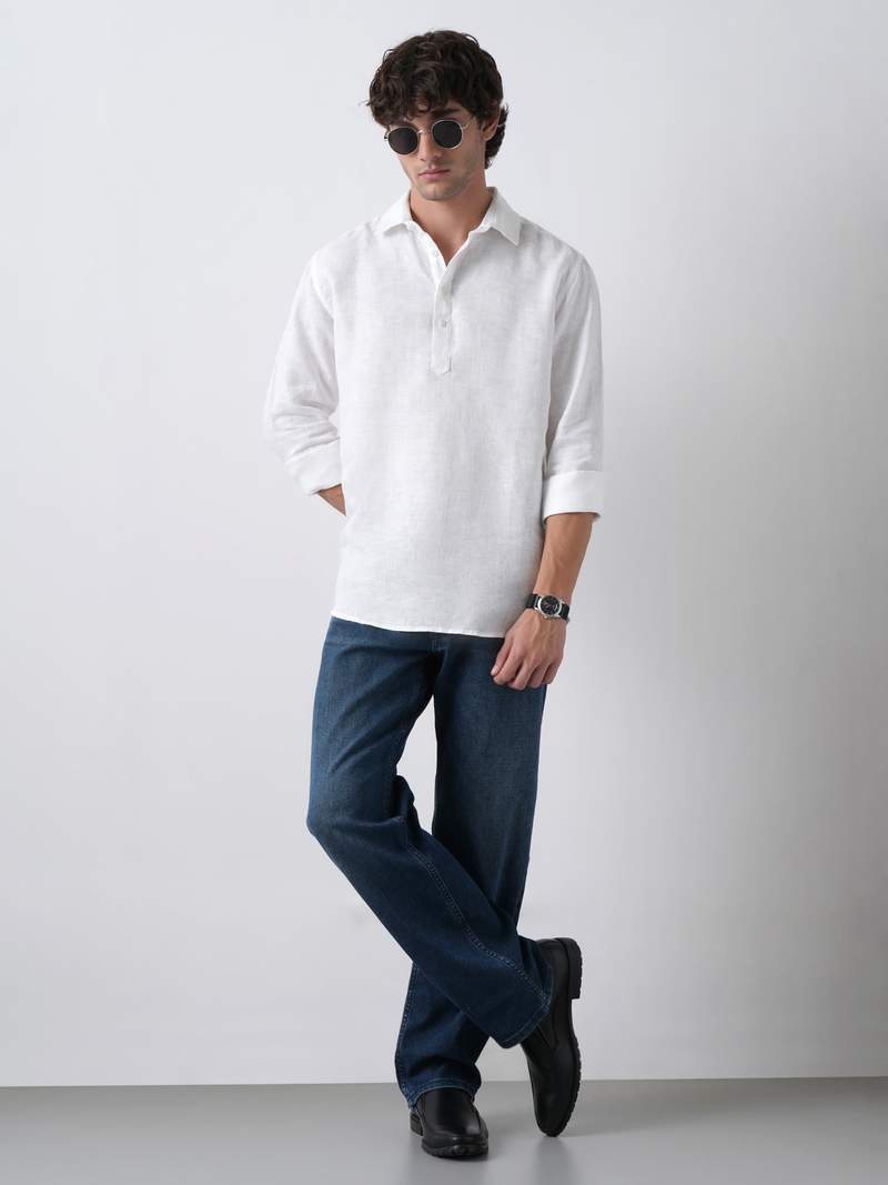 White Pure Linen Popover Shirt