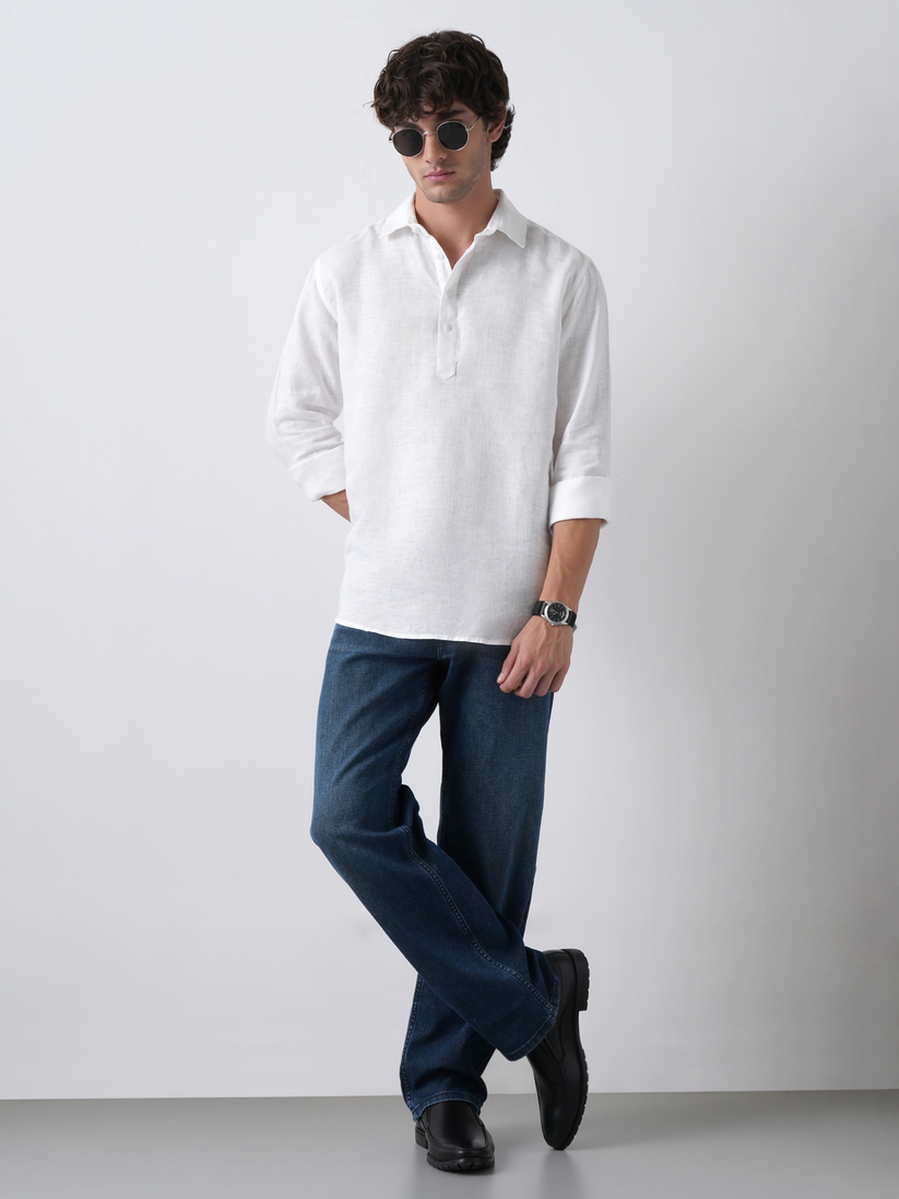 White Pure Linen Popover Shirt
