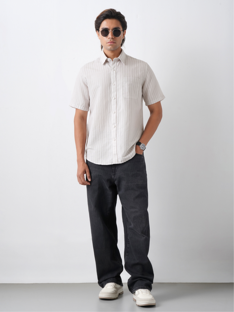 Linen Rich Silver Grey Pinstriped Shirt