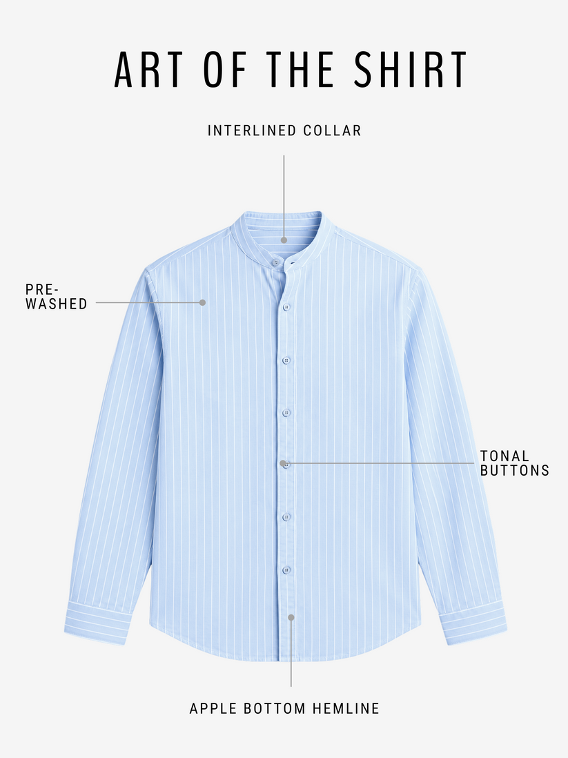 Linen Rich Blue Stripe Mandarin Collar Shirt