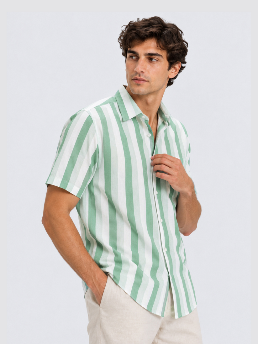 Linen Rich Green Shadow Stripe Shirt
