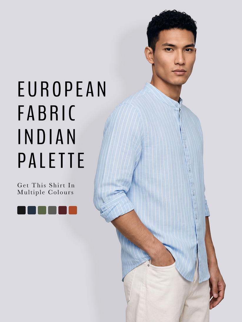 Linen Rich Blue Stripe Mandarin Collar Shirt
