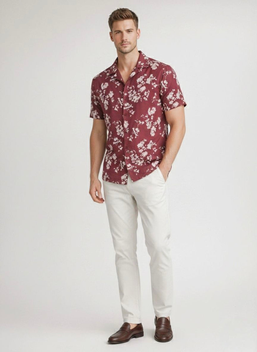 Regular Fit Maroon Cuban Collar Print Shirt