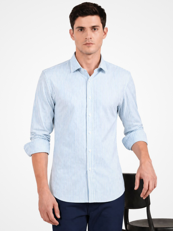 Slim Fit Powder Blue Stripe Knit Shirt
