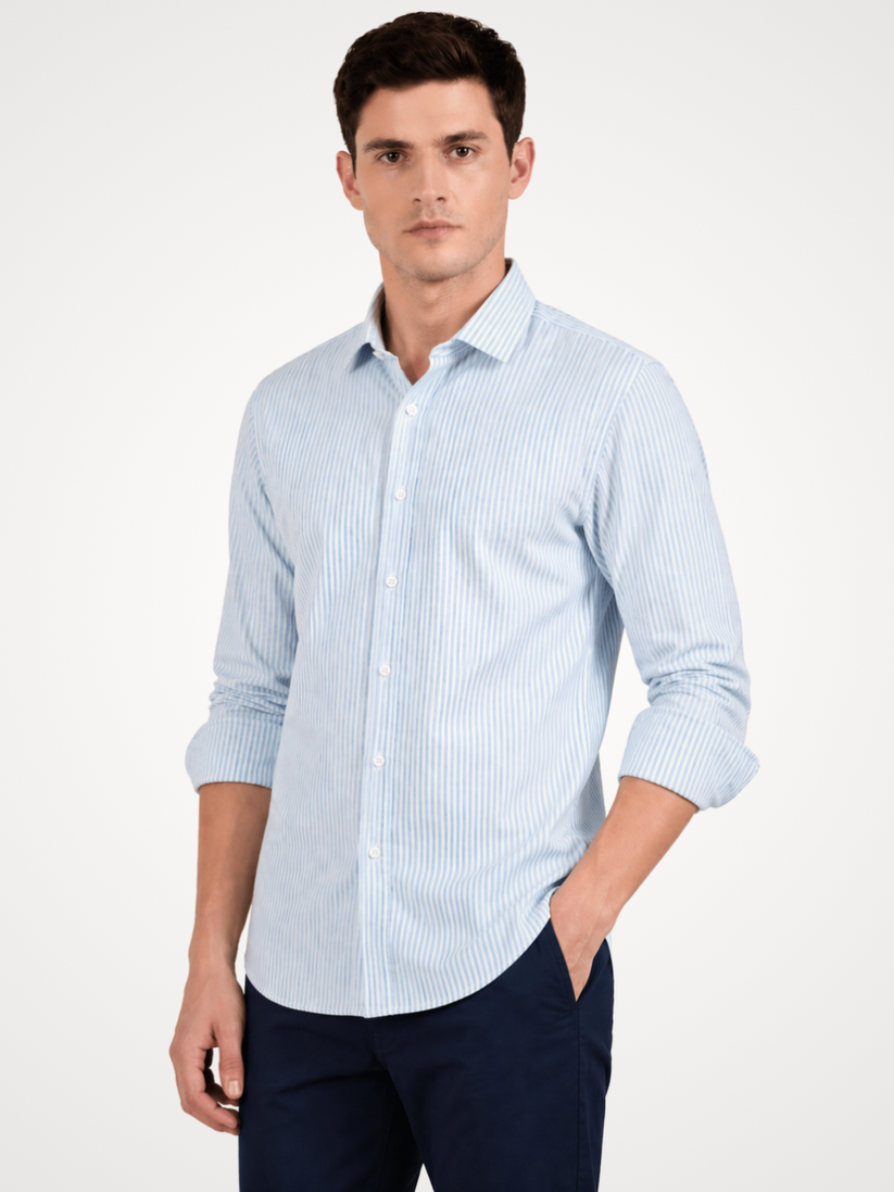 Slim Fit Powder Blue Stripe Knit Shirt