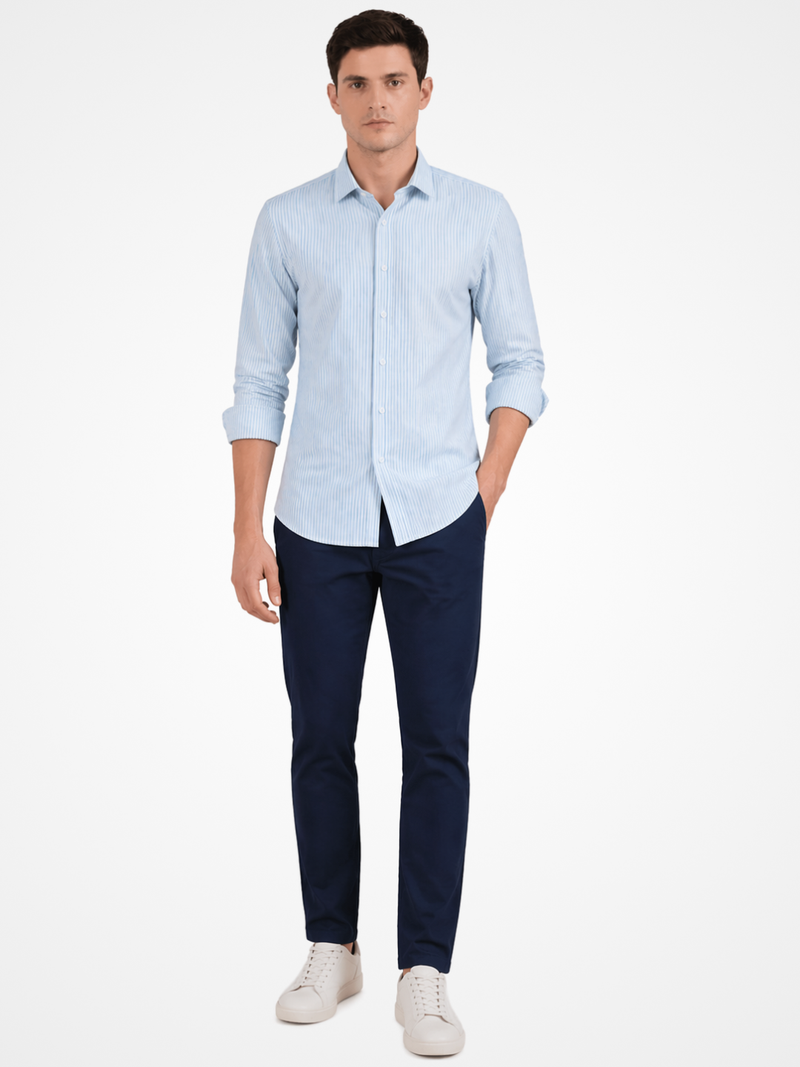 Slim Fit Powder Blue Striped Knit Shirt