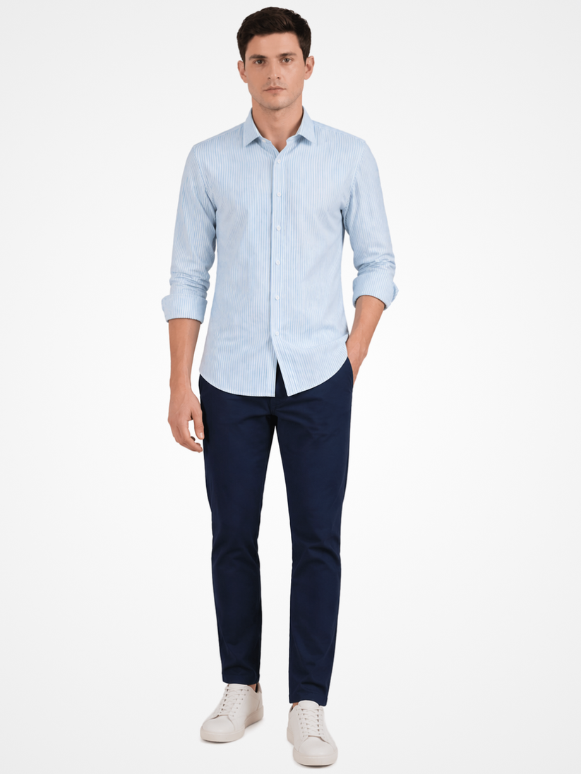 Slim Fit Powder Blue Stripe Knit Shirt