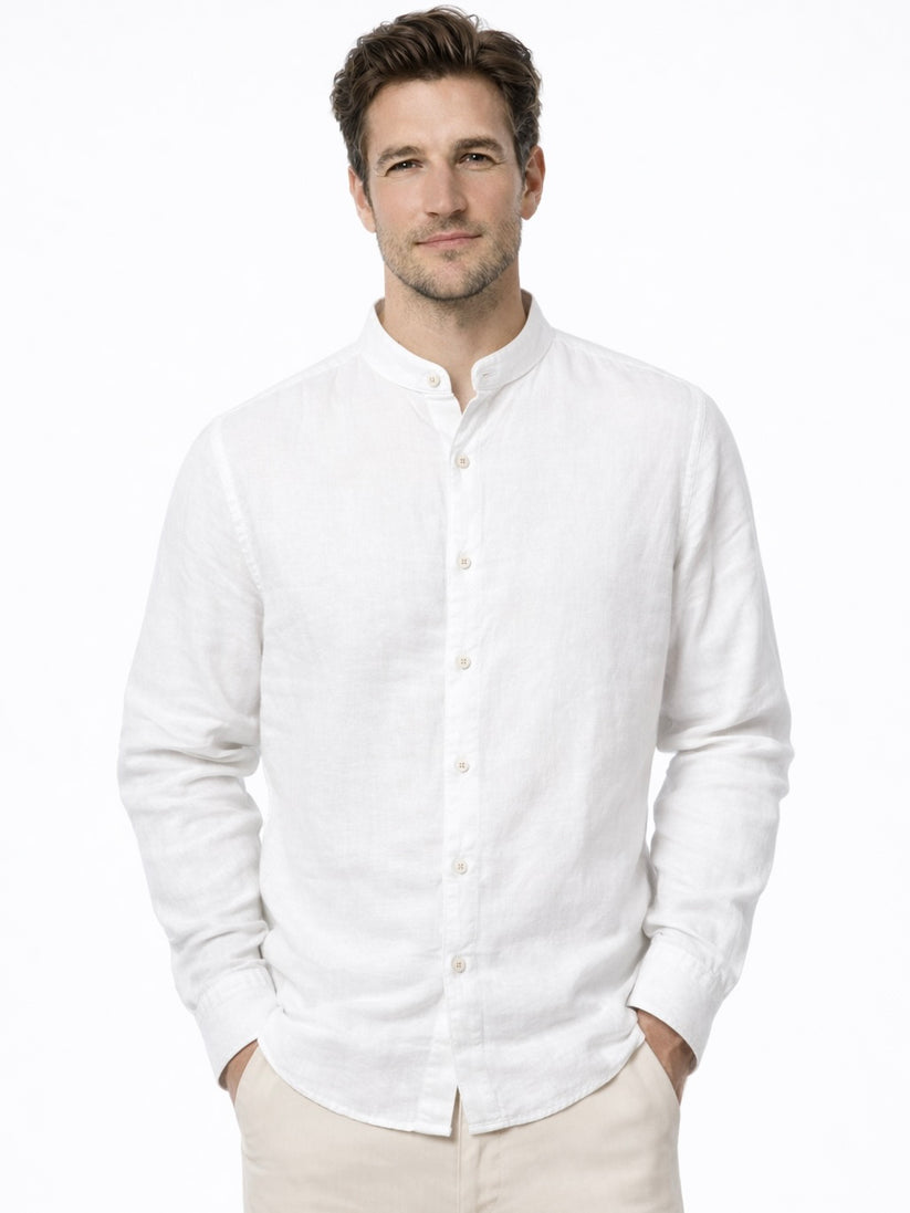 Linen Rich White Mandarin Collar Shirt