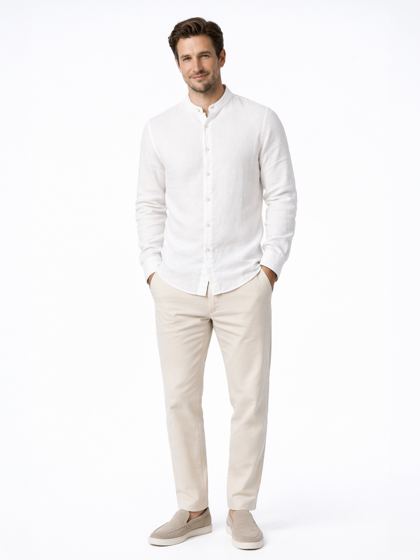 Linen Rich White Mandarin Collar Shirt