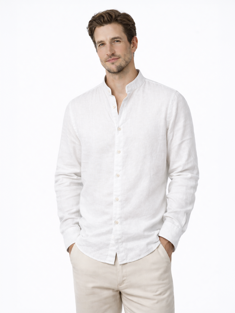 Linen Rich White Mandarin Collar Shirt