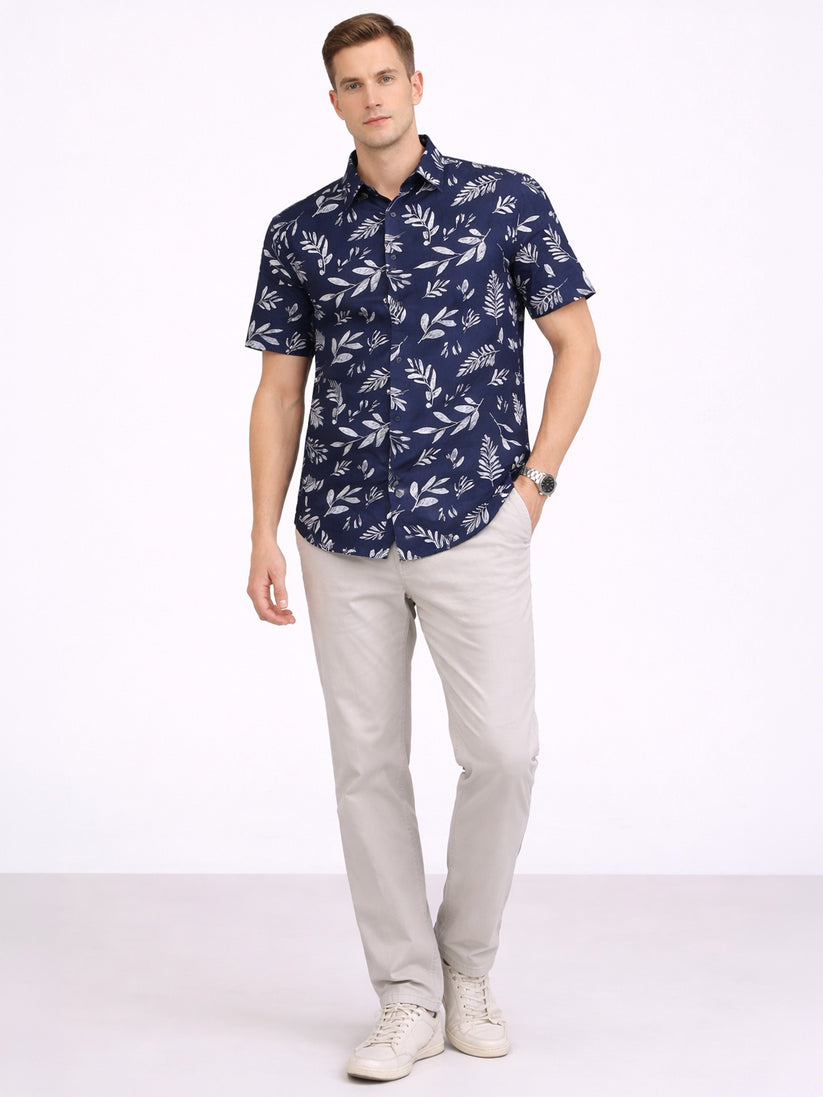 Navy Leaf Print Shirt