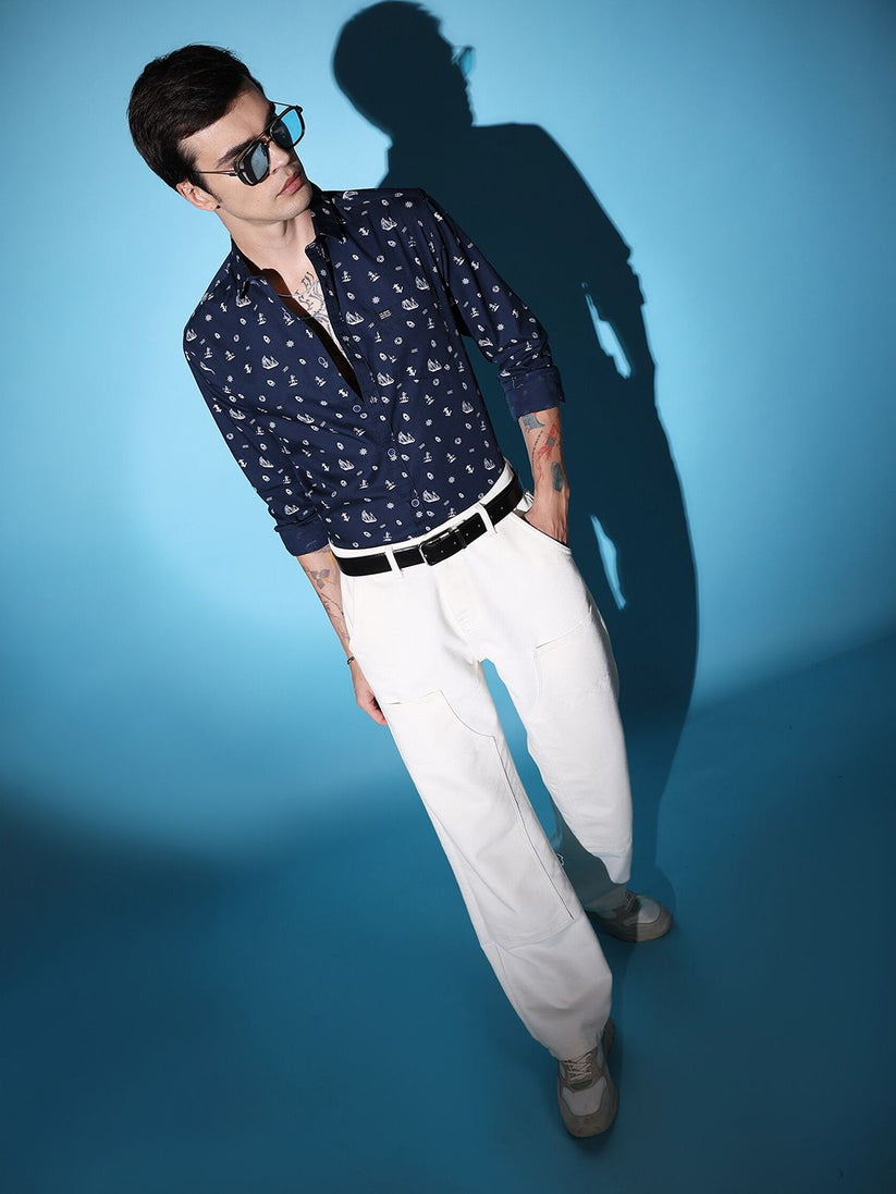 Navy blue slim fit conversational printed cotton casual shirt