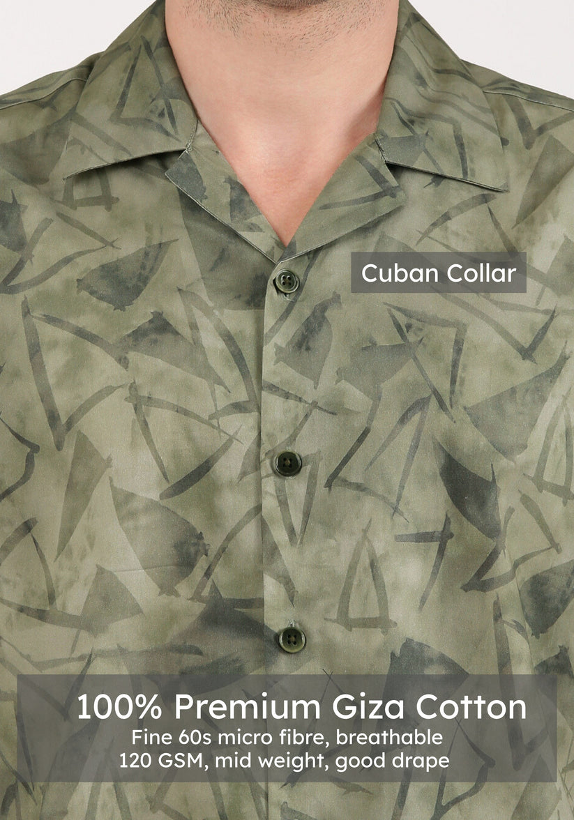 Olive Cuban Collar Print Shirt