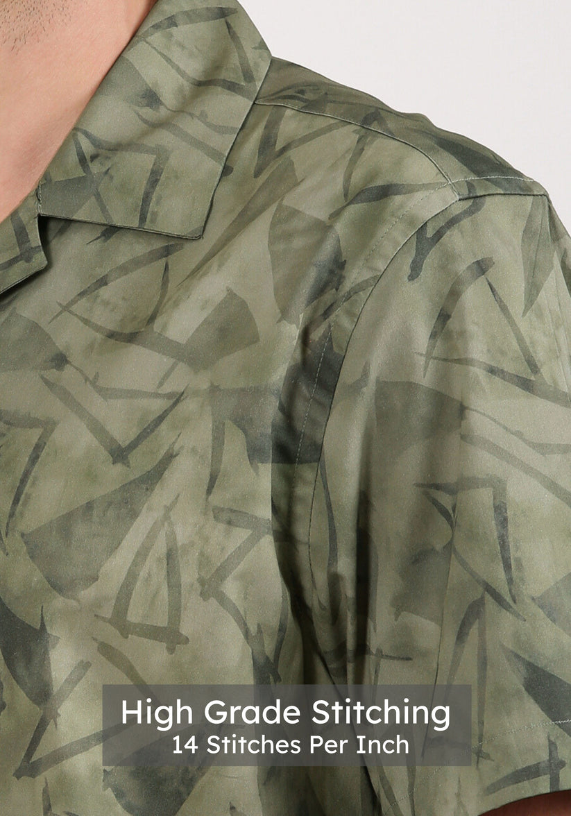 Olive Cuban Collar Print Shirt