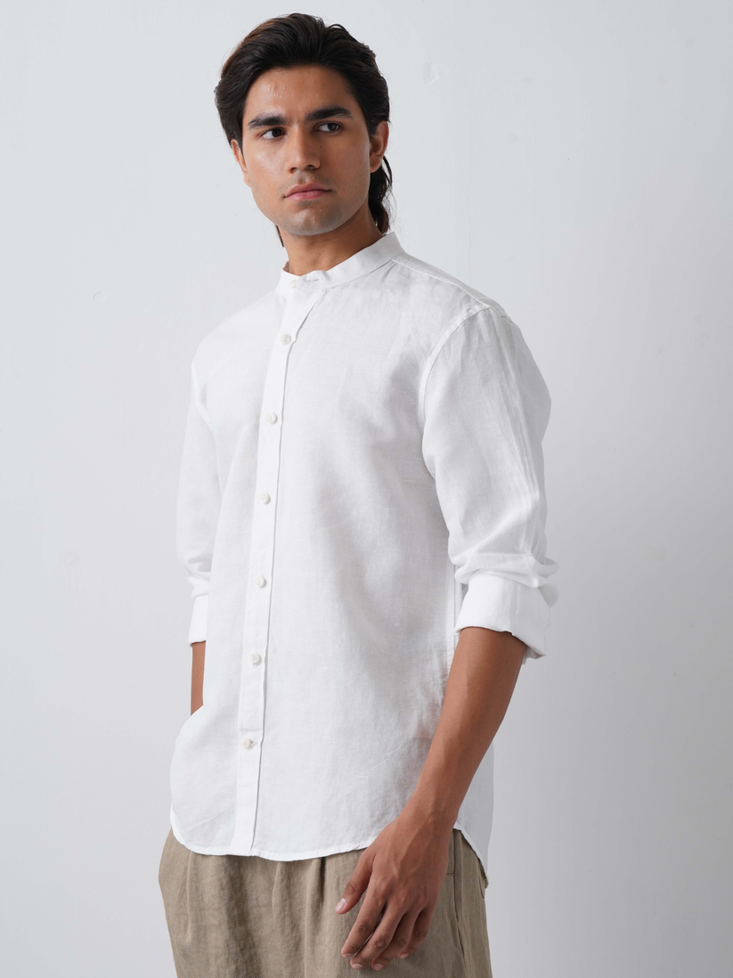 Linen Rich White Mandarin Collar Shirt