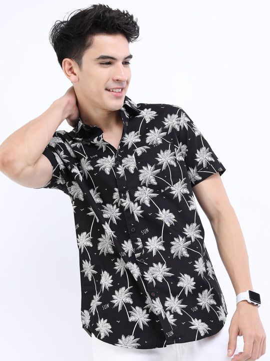 Highlander, Men Black Slim Fit Tropical Printed Shirt