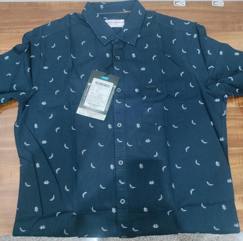 Navy blue slim fit conversational printed cotton casual shirt