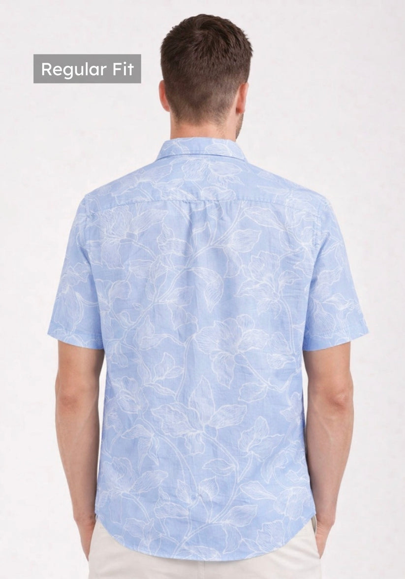Linen Rich Sky Blue Print Shirt