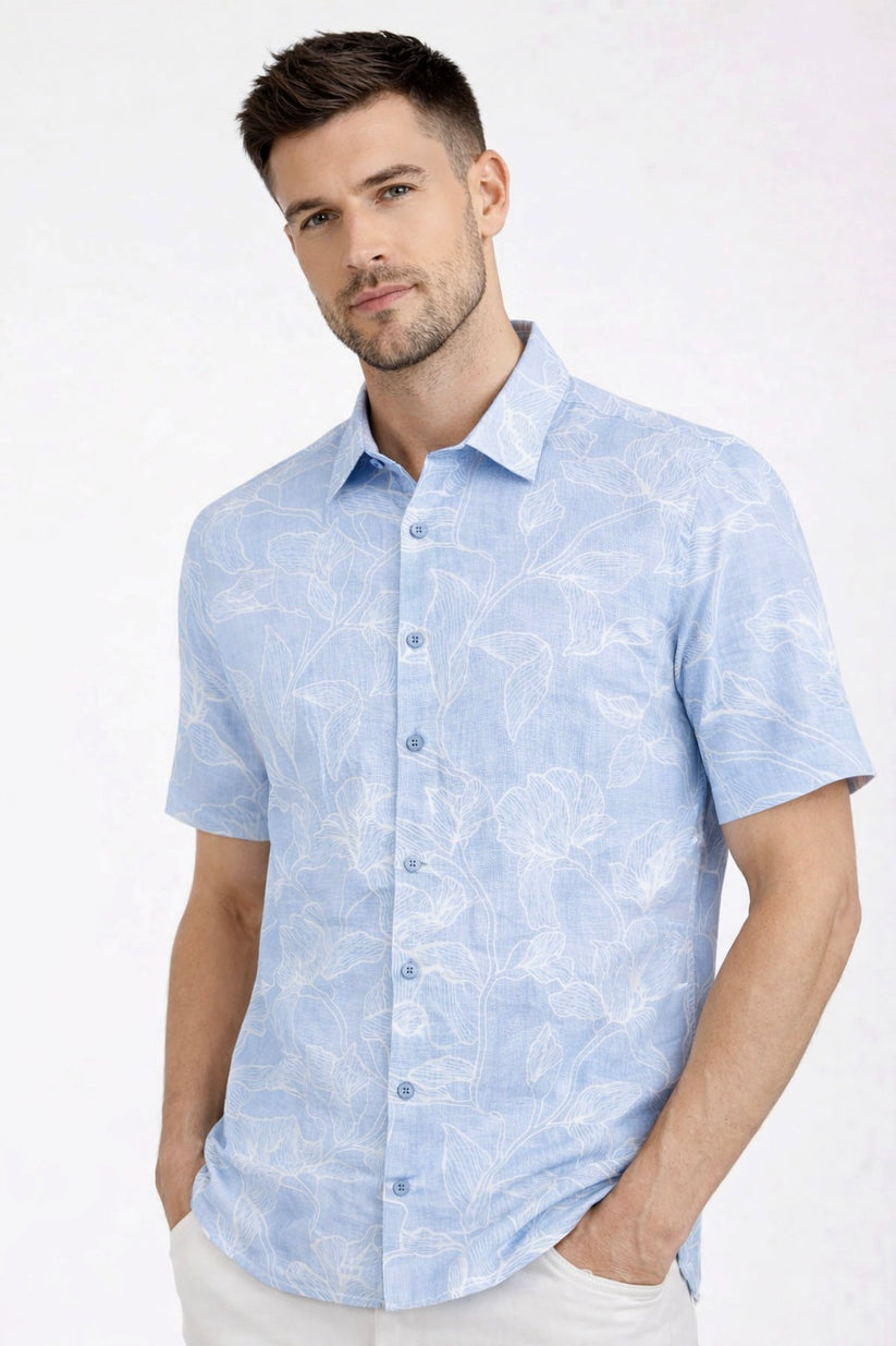 Linen Rich Sky Blue Print Shirt