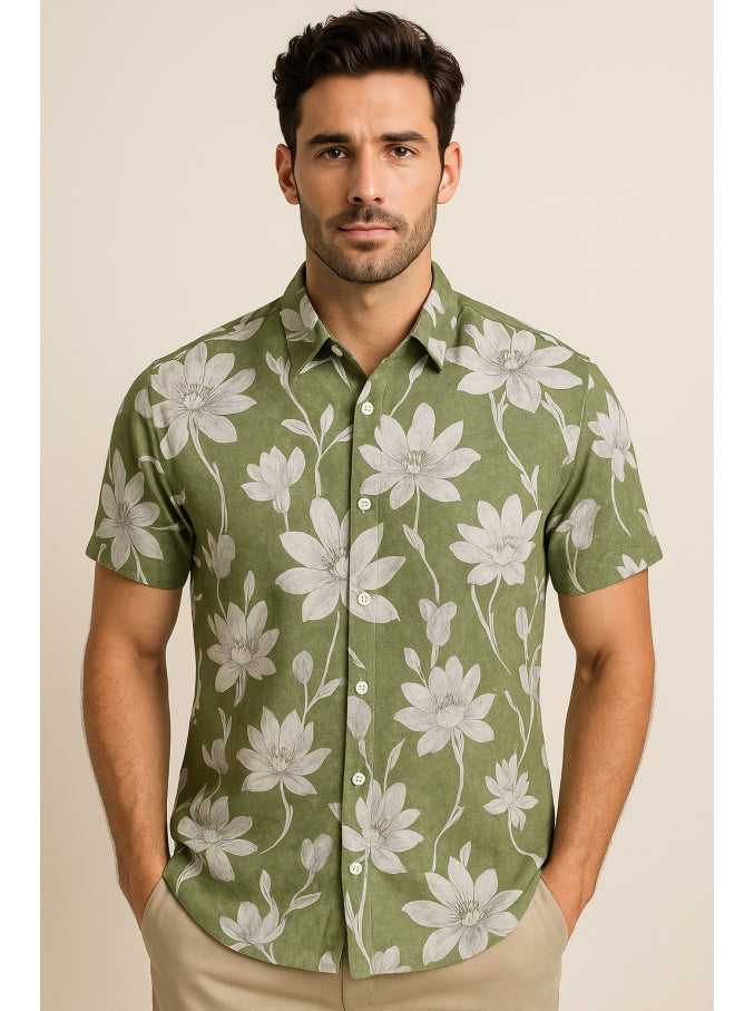 Floral Print Short Sleeve Shirt (Green)
