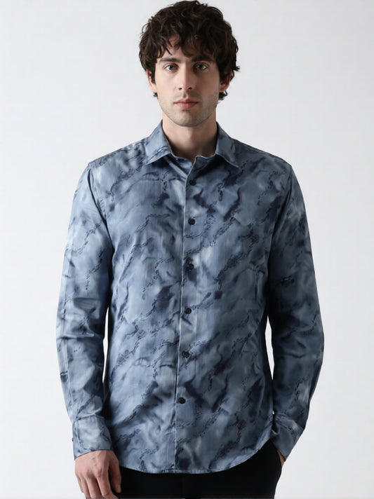 Regular Fit Blue Solid Satin Shirt