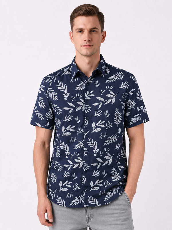 Navy Leaf Print Shirt