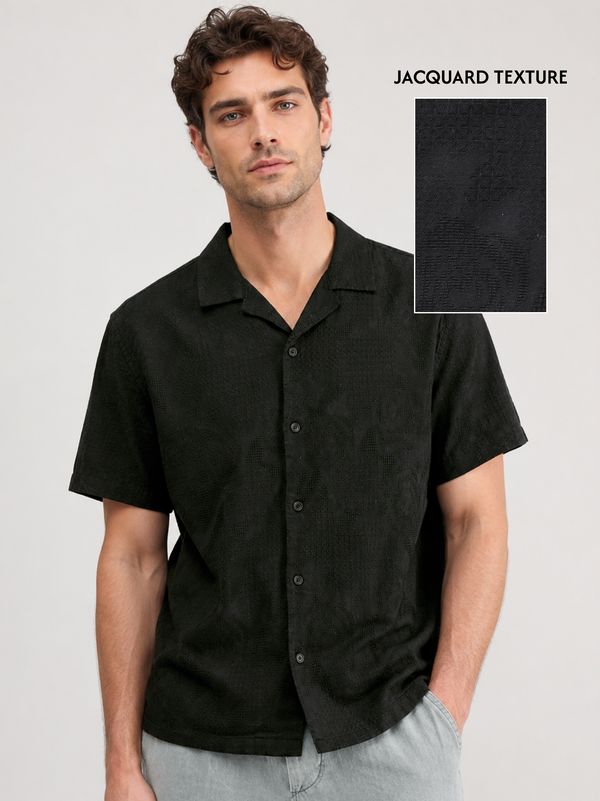 Black Cuban Collar Textured Shirt