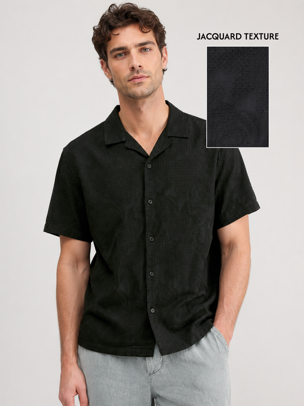Black Cuban Collar Textured Shirt