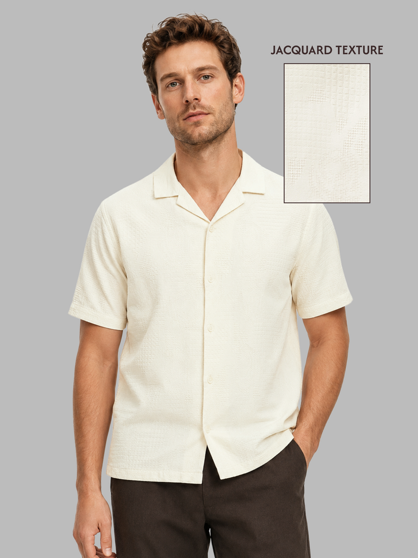 Off White Cuban Collar Textured Shirt