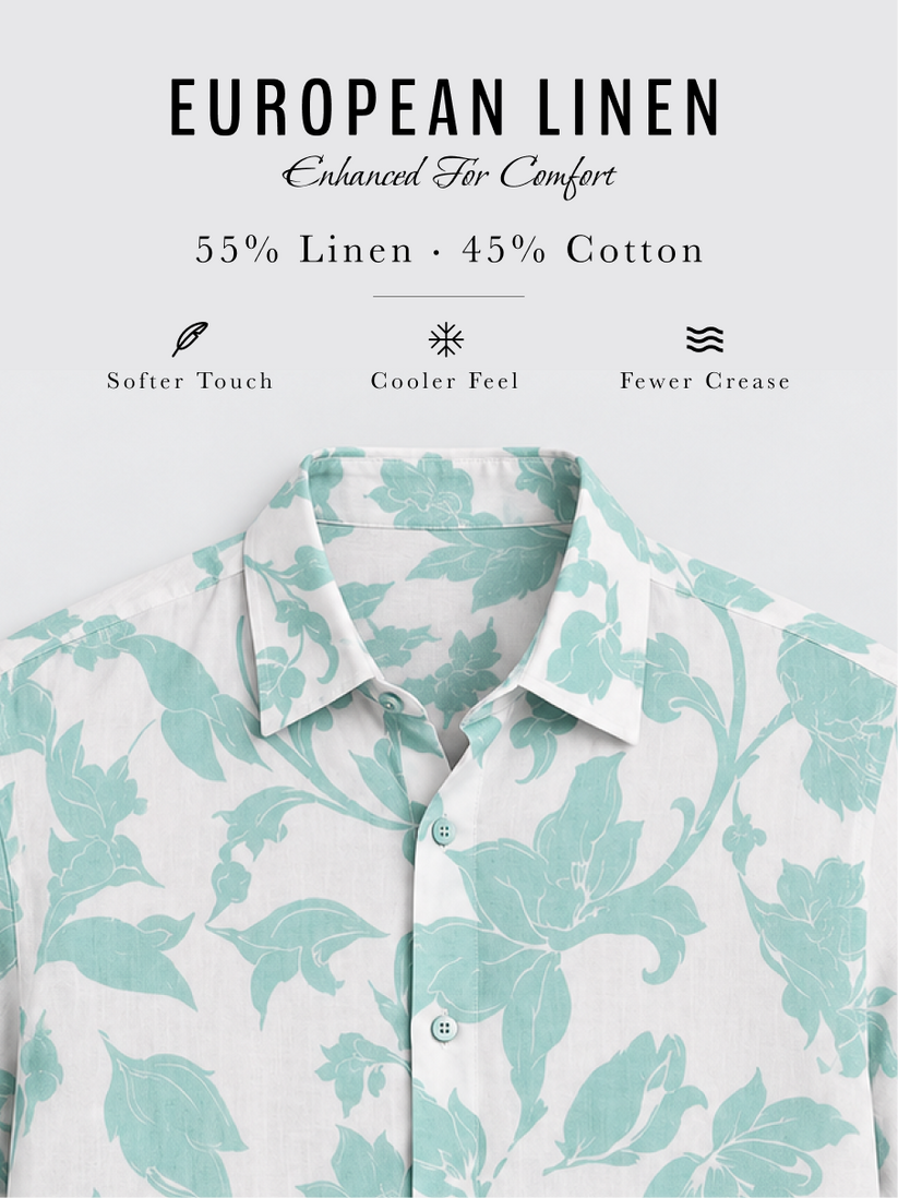 Linen Rich Teal Floral Camp Shirt