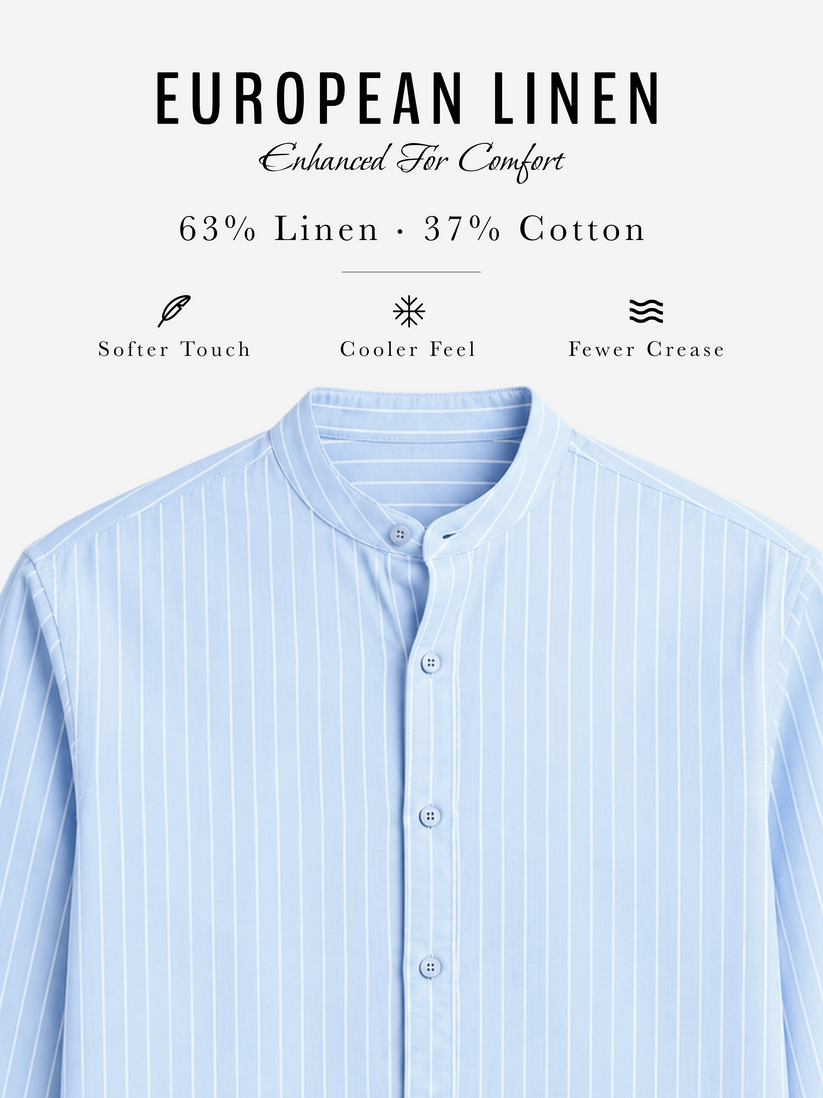 Linen Rich Blue Stripe Mandarin Collar Shirt