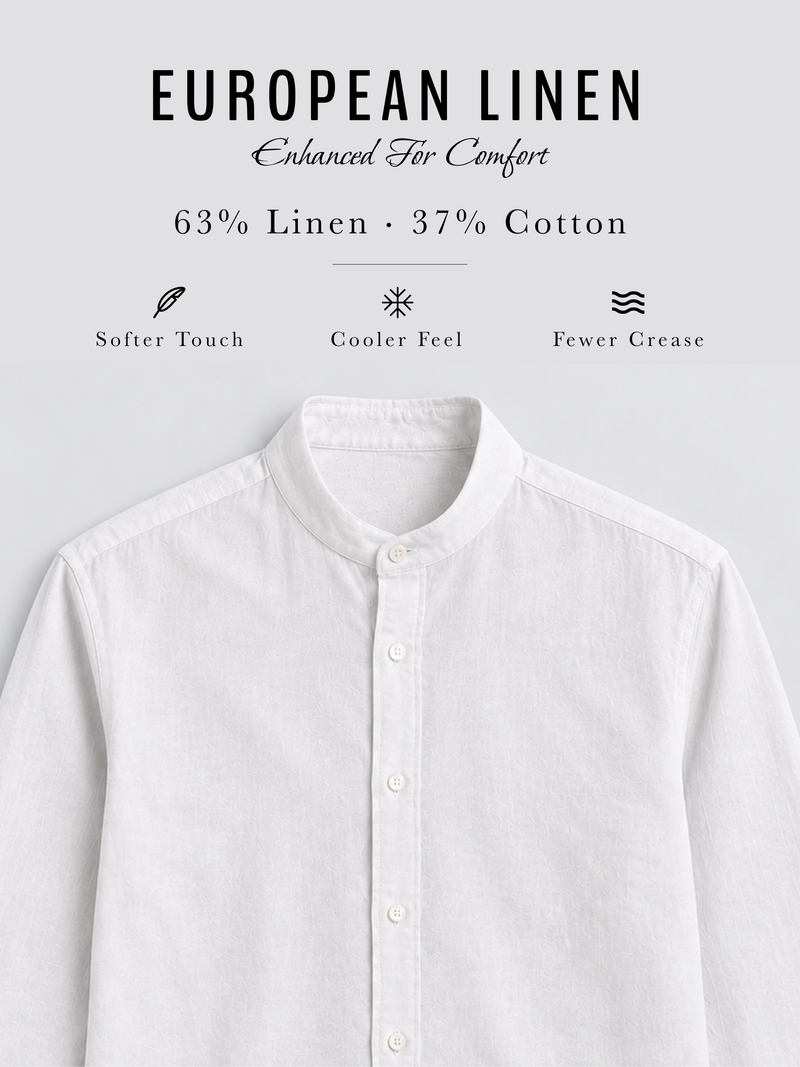 Linen Rich White Mandarin Collar Shirt