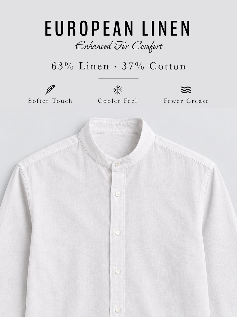 Linen Rich White Mandarin Collar Shirt