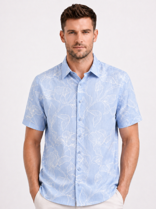 Linen Rich Sky Blue Print Shirt