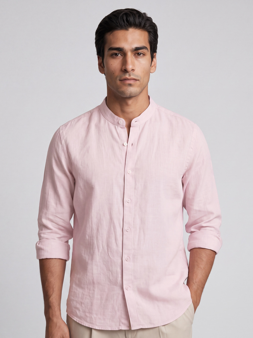 Pink Pure Linen Mandarin Collar Shirt