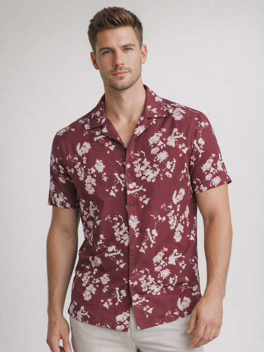 Regular Fit Maroon Cuban Collar Print Shirt