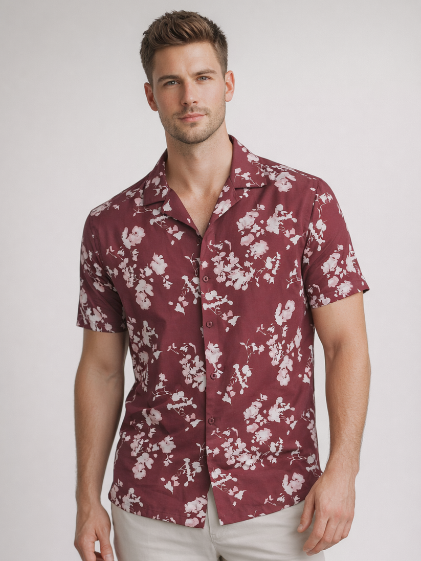 Regular Fit Maroon Cuban Collar Print Shirt