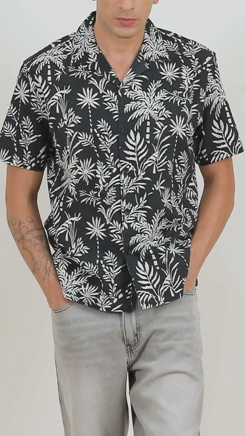 Black Cuban Collar Print Shirt