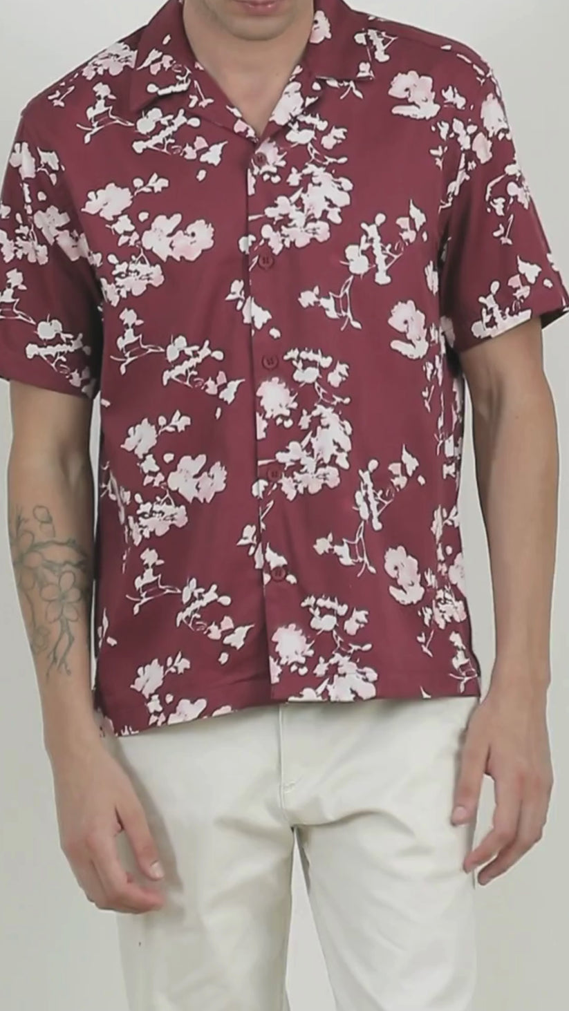 Maroon Cuban Collar Print Shirt
