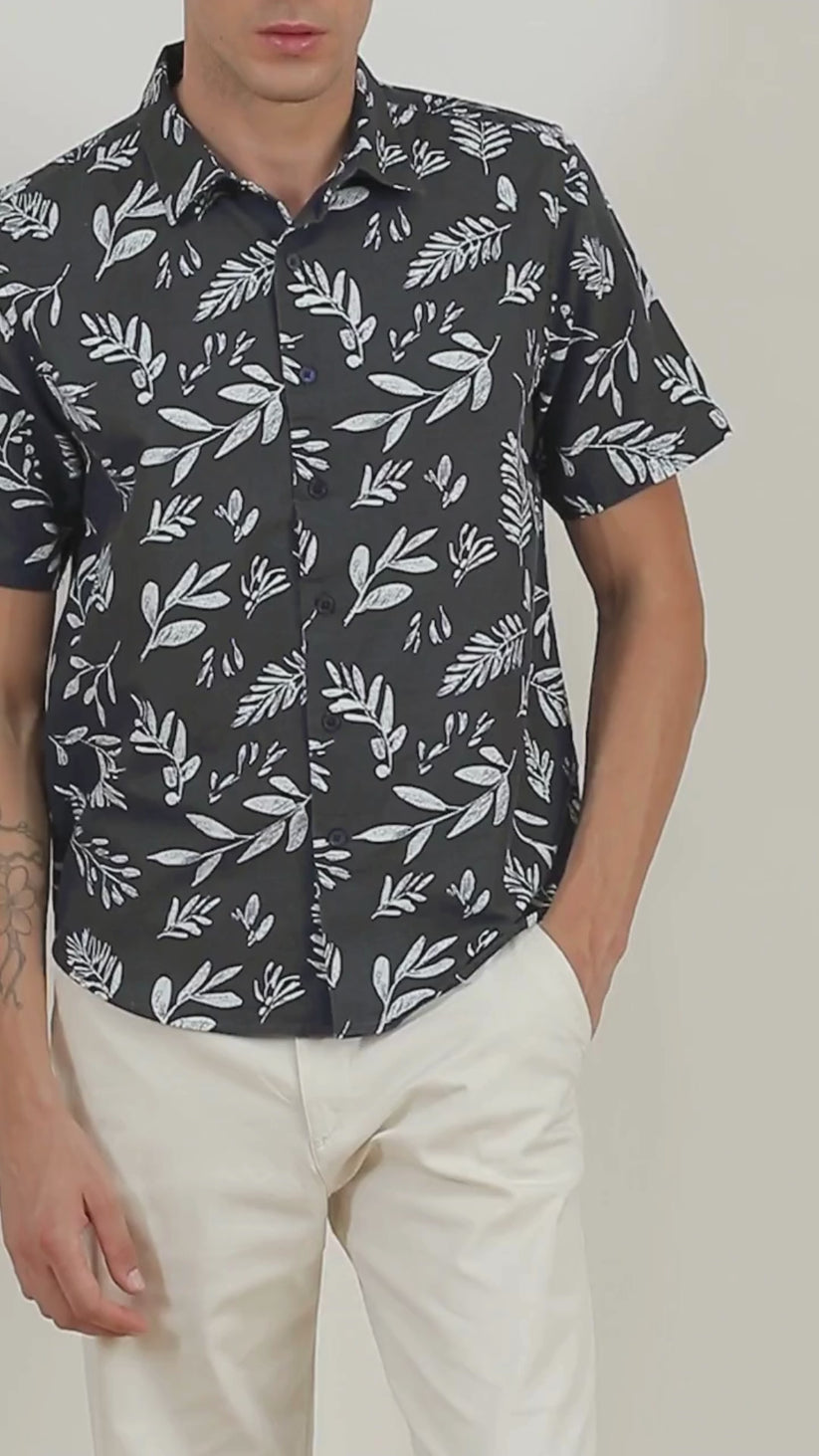 Navy Leaf Print Shirt